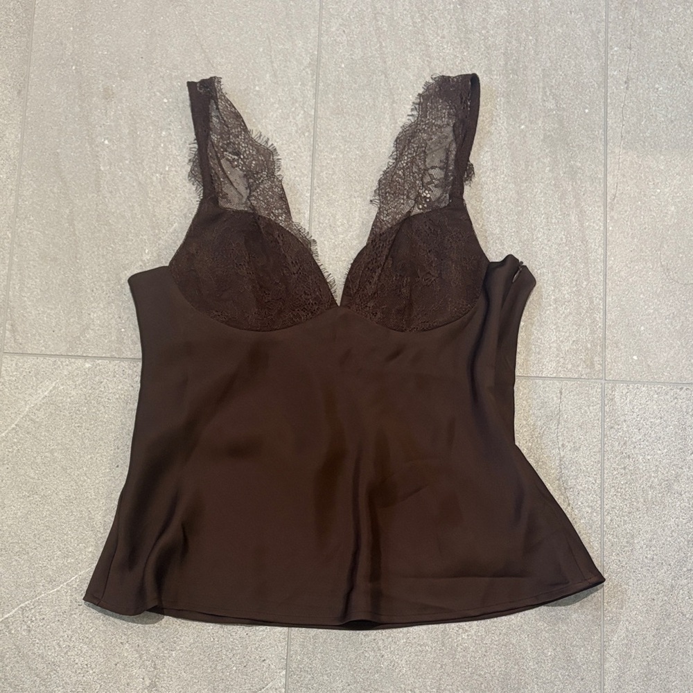 Lace Trim Satin Cami Tank Top - Chocolate Brown